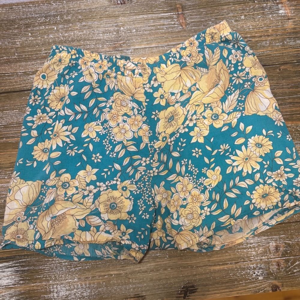 Vintage Floral Elastic Relaxed Shorts Coquette Boho Yellow Teal Cottagecore M